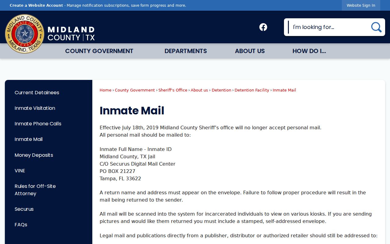 Midland County inmate mail rules connected to arrest custody