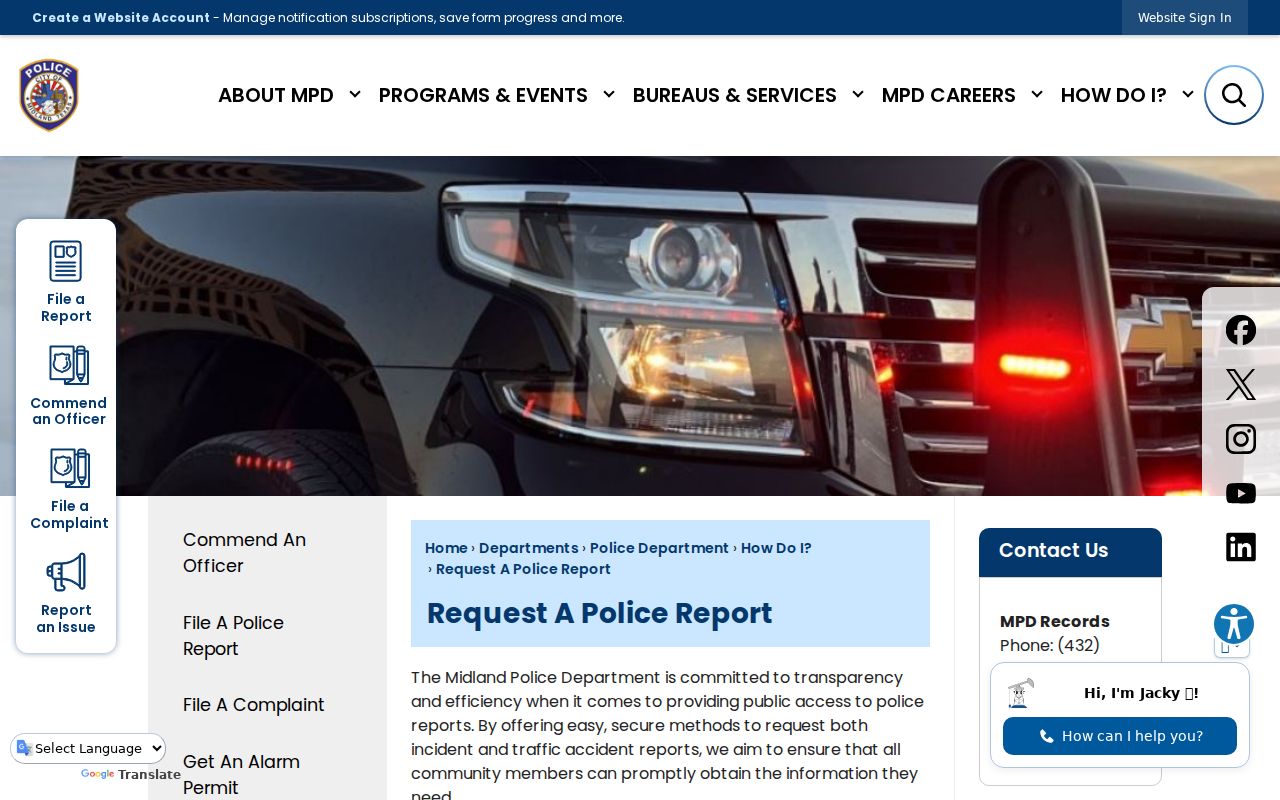 Midland Police report request for Midland County arrest records