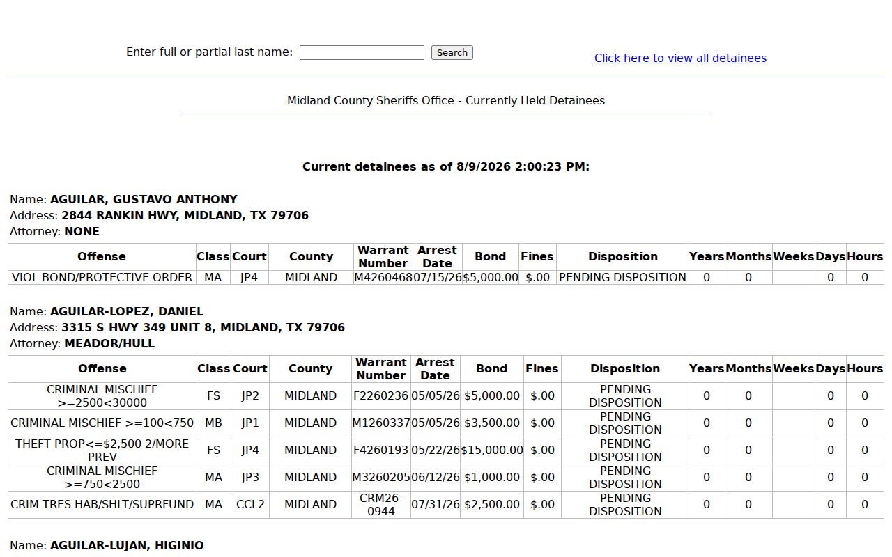 Midland County criminal history current detainee search