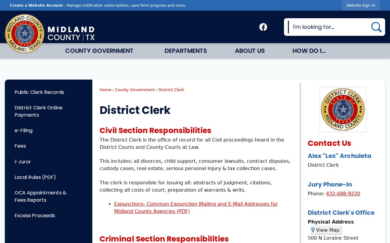 Midland County felony criminal record District Clerk