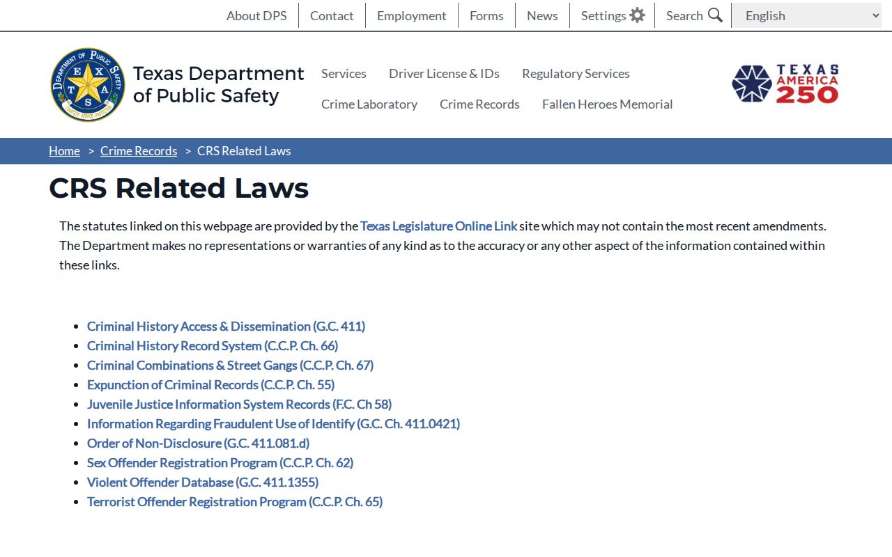 Texas DPS Crime Records laws page covering sex offender registration