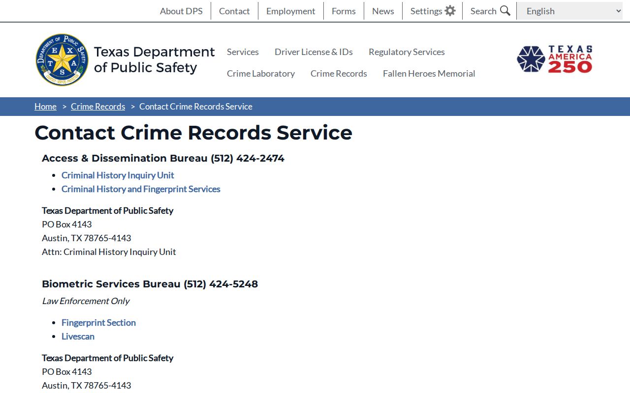 Texas DPS Crime Records Service contact directory for registry questions