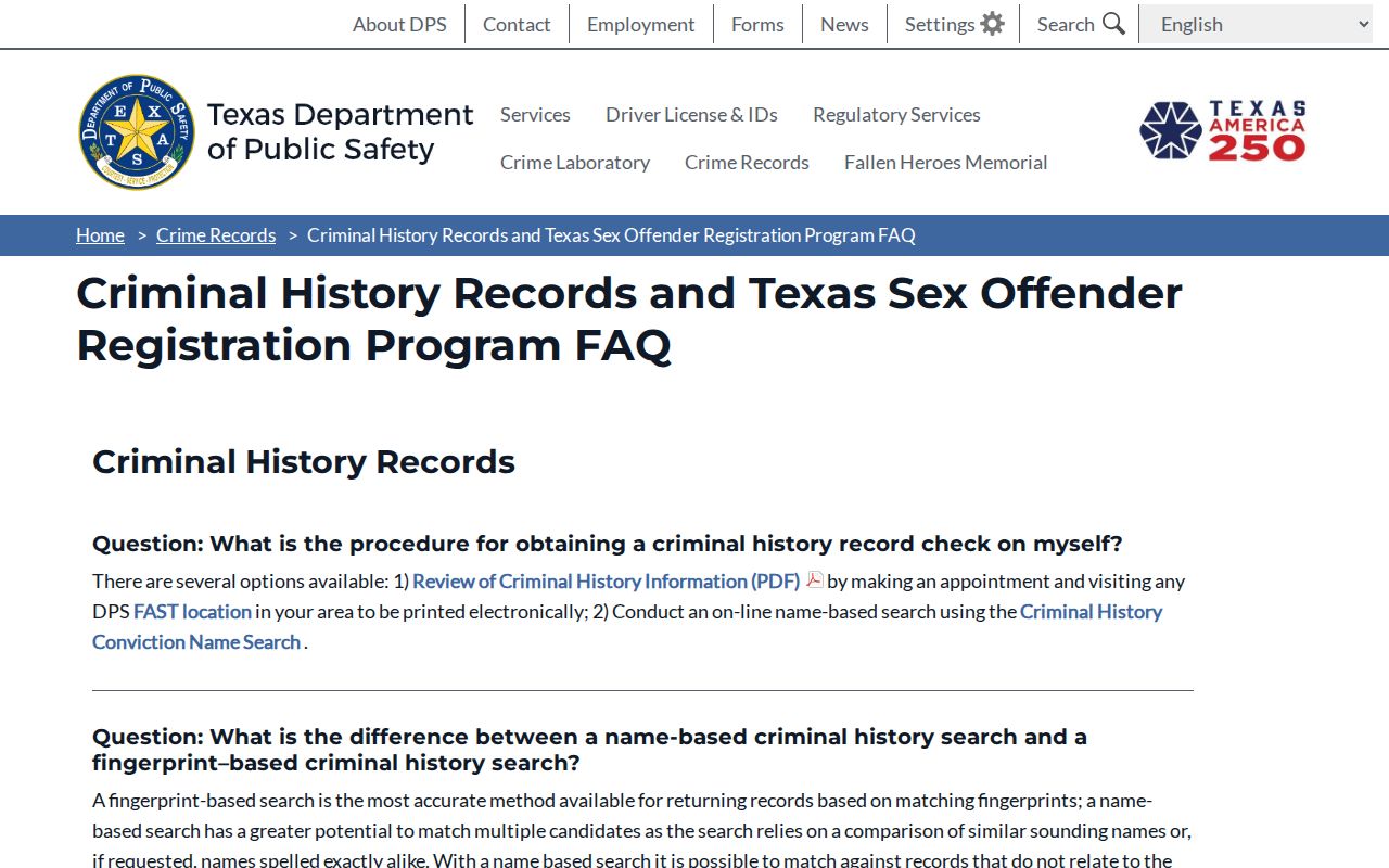 Texas DPS FAQ about public and nonpublic sex offender registry information
