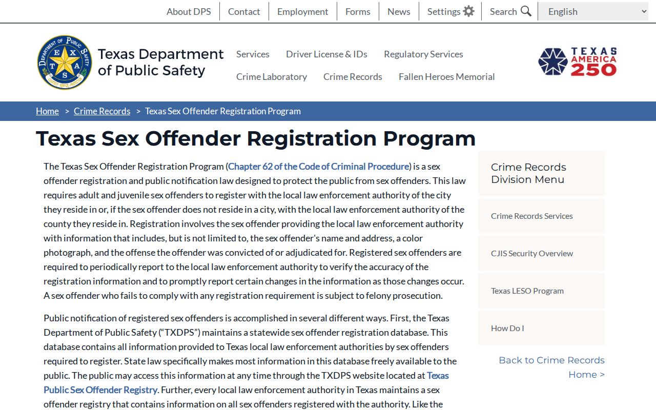 Texas DPS sex offender registration program information for Midland County searches