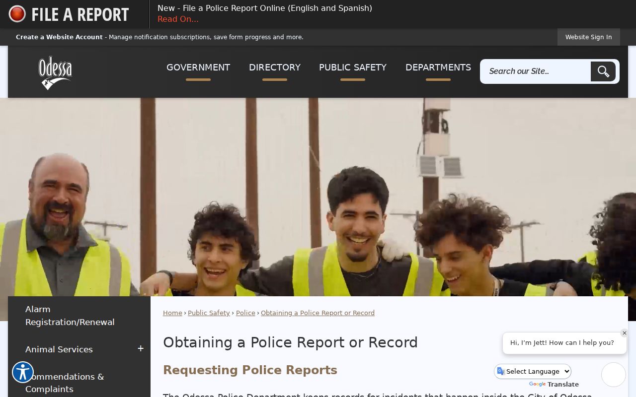 Odessa criminal records request page at the police department